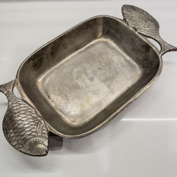 1970's Vintage Pewter Fish Handle Serving Platter/ Serving Dish, Unbranded - Picture 1 of 10